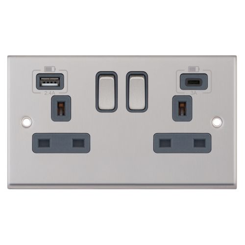Selectric 2 Gang 13 Amp Socket 2 x USB Ports 1 C Type 1 A type 2.4A / 3A SP Satin Chrome Grey Inserts