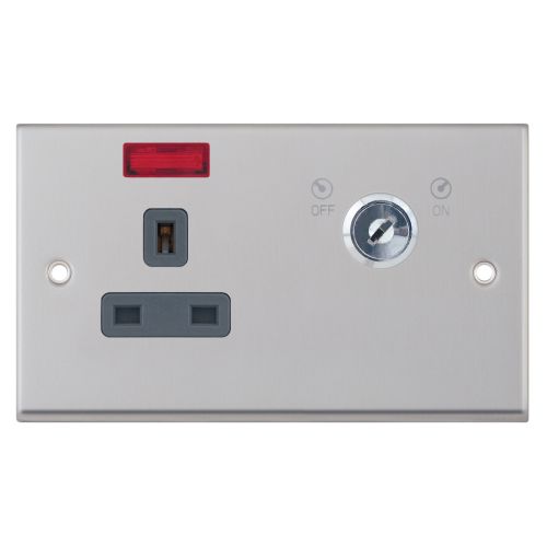 Selectric 13 Amp 1 Gang DP Key Operated Lockable Socket w/ Neon Satin Chrome Grey Insert