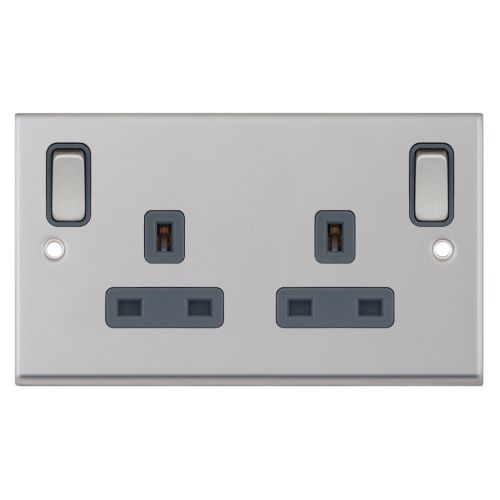Selectric 13A Socket 2 Gang DP Outboard Rockers & 2 Earth Terminals Satin Chrome Grey Inserts