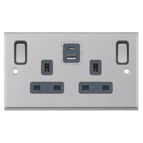 Selectric 13A Socket Outlet 2 Gang Switched USB Type A & C Satin Chrome Grey Inserts