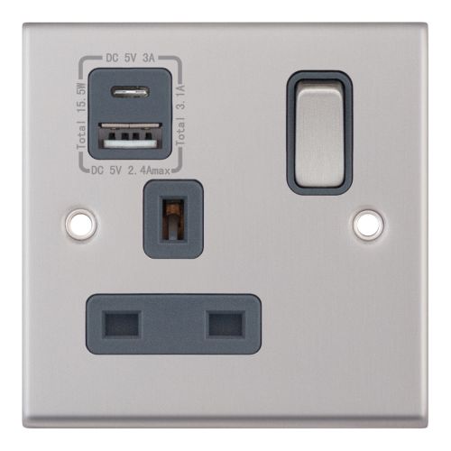 Selectric 1 Gang 13 Amp Socket w/ USB Type C & A Ports Satin Chrome Grey Inserts