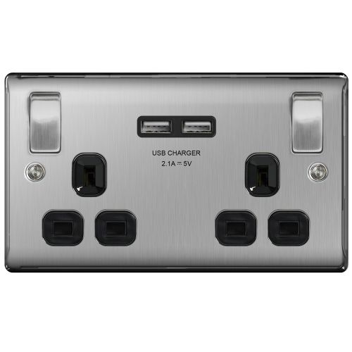 Brushed Chrome 2 Gang USB Socket, Outboard Rockers 