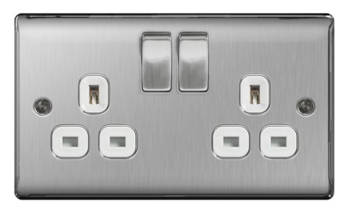 BG Nexus 2 Gang Double Pole Switched Twin Socket Brushed Steel