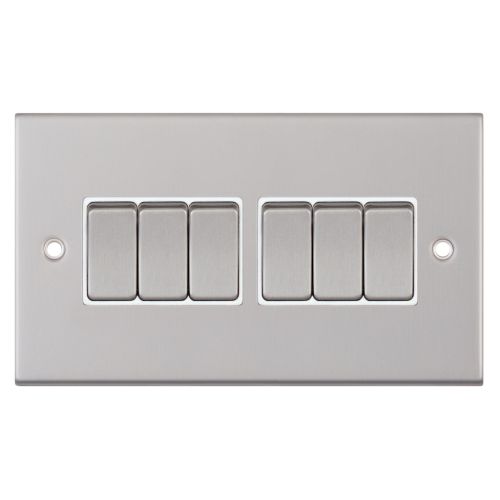 Selectric 10 Amp Plate Switch 6 Gang 2 Way X-Rated Satin Chrome White Insert