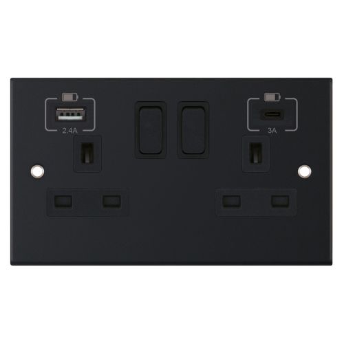 Selectric 2 Gang 13 Amp Socket USB Ports Type C & A Switched Matt Black
