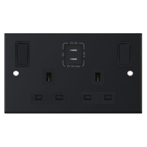 Selectric 13 Amp Socket Outlet 2 Gang Switched USB Type C (3A / 3A) Matt Black