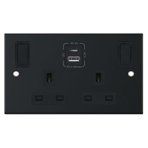 Selectric 13 Amp Socket Outlet 2 Gang Switched USB Type A & C Matt Black
