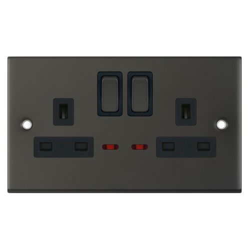 Selectric 2 Gang 13 Amp Socket with Neons DP Switched Dark Bronze Black Insert