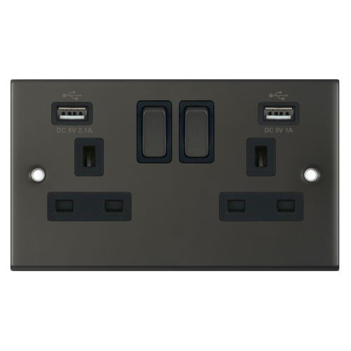 Selectric 2 Gang 13 Amp Socket with 2 x USB Ports SP Switched Dark Bronze Black Insert
