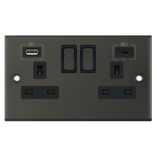 Selectric 2 Gang 13 Amp Socket with 2 x USB Ports 1 C Type 1 A type 2.4A / 3A SP Switched Dark Bronze