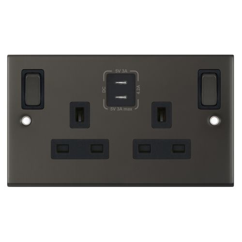 Selectric 13 Amp Socket Outlet 2 Gang Switched SP Outboard Rockers + 2 Earth Terminals, 2 x USB Type C (3A / 3A) Dark Bronze