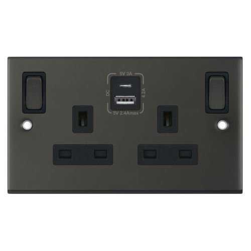 Selectric 13 Amp Socket 2 Gang Switched SP Outboard Rockers 2 Earth Terminals USB Type A & Type C (2.4A / 3A) Dark Bronze