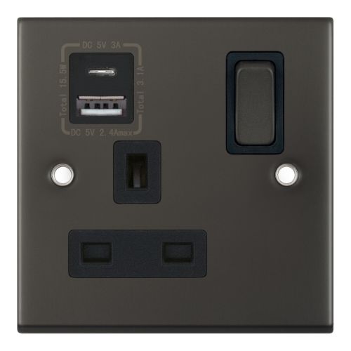 Selectric 1 Gang 13 Amp Socket USB Type C & A Port (3.1A) Dark Bronze