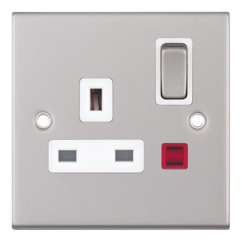 Selectric 1 Gang 13 Amp Socket with Neon DP Switch Satin Chrome White Insert