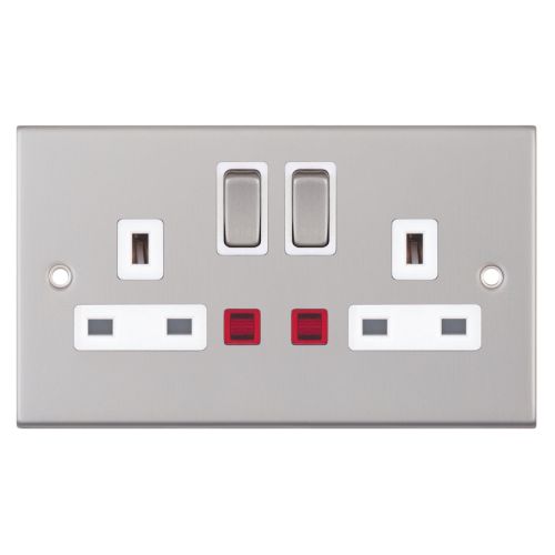 Selectric 2 Gang 13 Amp Socket Neons DP Switched Satin Chrome 
