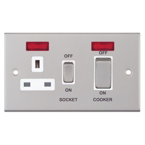 Selectric 45 Amp Cooker Unit with 13 Amp Switched Socket & Neons Satin Chrome White Insert