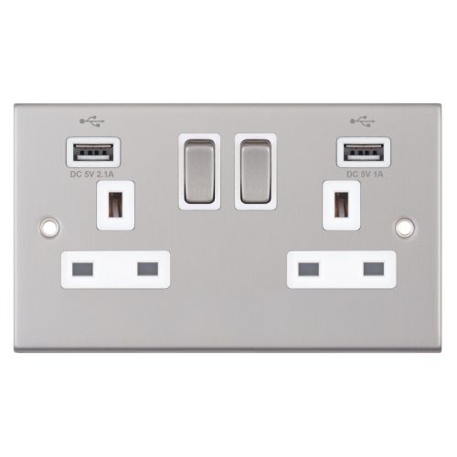 Selectric 2 Gang 13 Amp Socket with 2 x USB Ports SP Switched Satin Chrome White Insert
