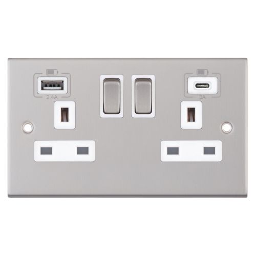 Selectric 2 Gang 13 Amp Socket 2 x USB Ports 1 C Type 1 A type 2.4A / 3A SP Switched Satin Chrome 