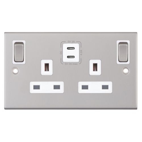 Selectric 13 Amp Socket Outlet 2 Gang Switched SP Outboard Rockers + 2 Earth Terminals, 2 x USB Type C (3A / 3A) Satin Chrome White Inserts