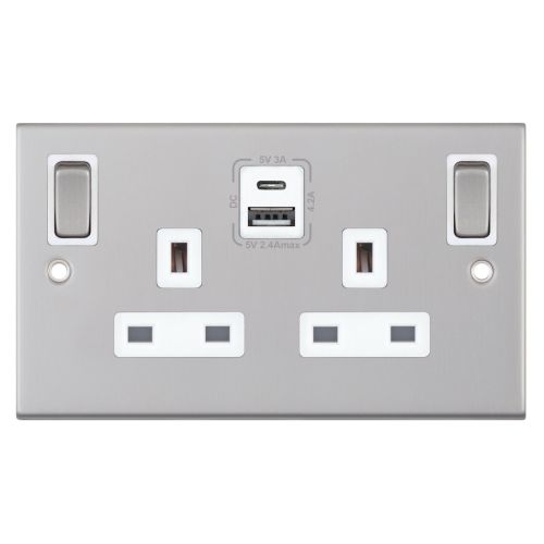 Selectric 13 Amp Socket Outlet 2 Gang Switched SP Outboard Rockers + 2 Earth Terminals, 1 x USB Type A & 1 x USB Type C (2.4A / 3A) Satin Chrome White Inserts