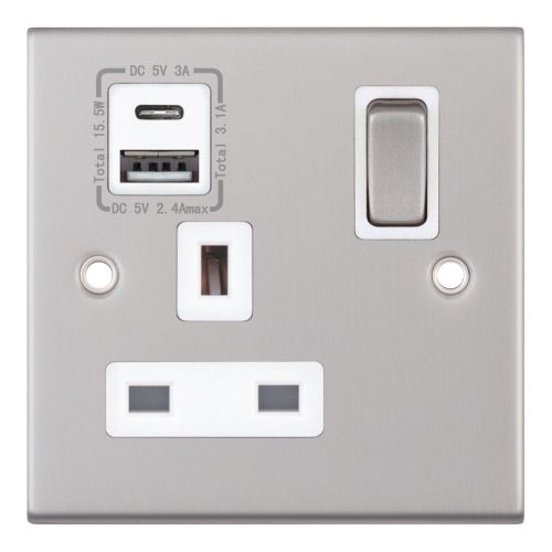 Selectric 1 Gang 13 Amp Socket with 1 x USB Type C & 1 x USB Type A Port (3.1A) Satin Chrome