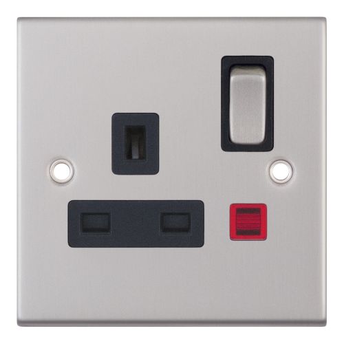 Selectric 1 Gang 13 Amp Socket with Neon DP Switched Satin Chrome Black Insert