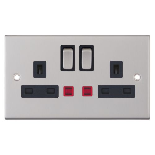 Selectric 2 Gang 13 Amp Socket with Neons DP Switched Satin Chrome Black Insert