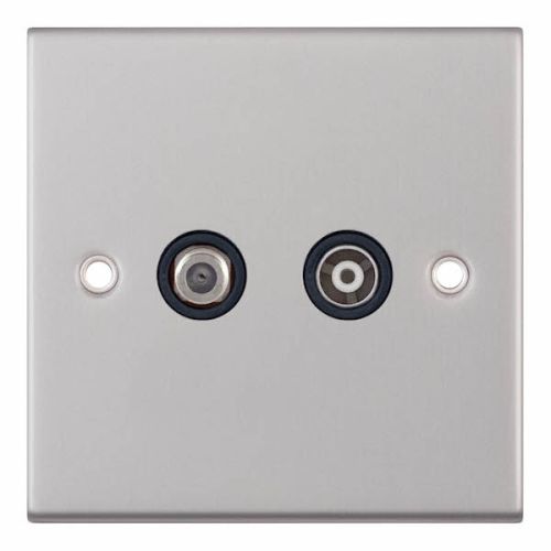 Selectric 1 Gang F-Type Satellite Socket + 1 Gang TV/FM ﻿Coaxial/Aerial Socket Isolated Satin Chrome Black Insert