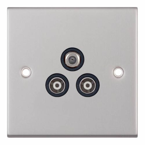 Selectric 1 Gang F-Type Satellite + 2 Gang TV/FM ﻿Coaxial/Aerial Sockets Isolated Satin Chrome Black Insert