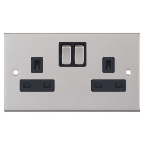 Selectric 2 Gang 13 Amp Socket SP Satin Chrome Black Insert