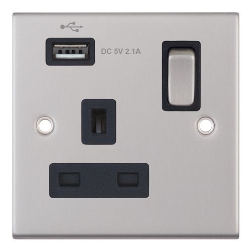 Selectric 1 Gang 13 Amp Socket w/ USB Port SP Switched Satin Chrome Black Insert