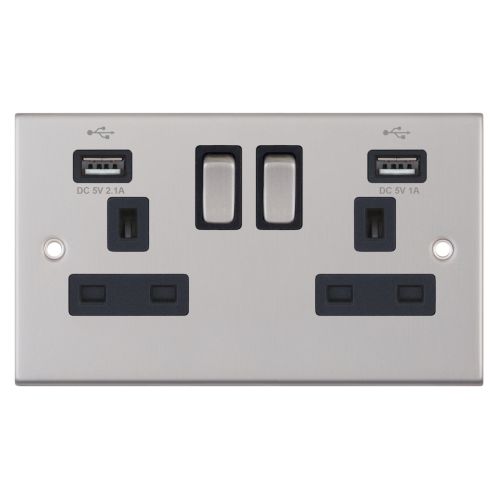 Selectric 2 Gang 13 Amp Socket USB Ports SP Switched Satin Chrome Black Insert