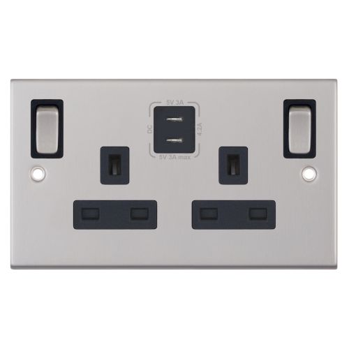 Selectric 13 Amp Socket Outlet 2 Gang Switched SP Outboard Rockers 2 Earth Terminals 2 x USB Type C (3A / 3A) Satin Chrome Black Insert