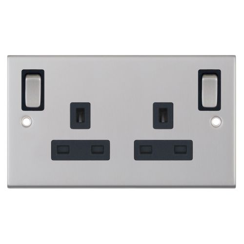 Selectric 13 Amp Socket Outlet 2 Gang Switched DP Outboard Rockers & 2 Earth Terminals Satin Chrome Black Insert