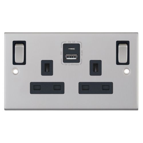 Selectric 13 Amp Socket Outlet 2 Gang Switched SP Outboard Rockers + 2 Earth Terminals, 1 x USB Type A & 1 x USB Type C (2.4A / 3A) Satin Chrome Black Insert