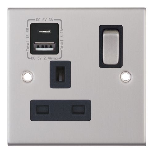 Selectric 1 Gang 13 Amp Socket with 1 x USB Type C & 1 x USB Type A Port (3.1A) Satin Chrome Black Insert