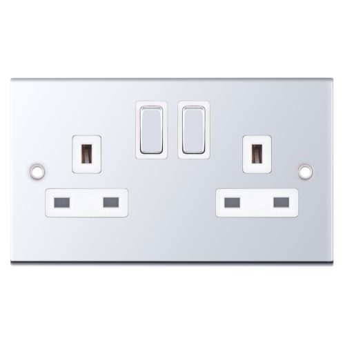 Selectric 2 Gang 13 Amp Socket DP Switched Polished Chrome White Insert