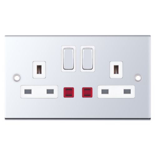 Selectric 2 Gang 13 Amp Socket with Neons DP Switched Polished Chrome White Insert
