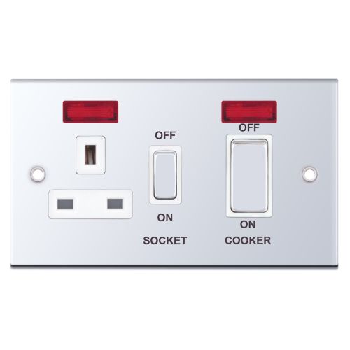Selectric 45 Amp Cooker Unit with 13 Amp Switched Socket & Neons Polished Chrome White Insert