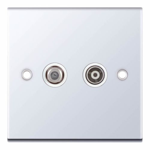 Selectric ﻿1 Gang F-Type Satellite Socket + 1 Gang TV/FM ﻿Coaxial/Aerial Socket Isolated Polished Chrome White Insert