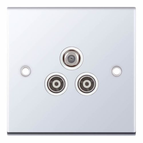 Selectric 1 Gang F-Type Satellite + 2 Gang TV/FM ﻿Coaxial/Aerial Sockets Isolated Polished Chrome White Inserts
