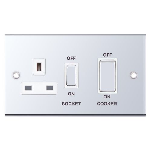 Selectric 45 Amp Cooker Unit with 13 Amp Switched Socket Polished Chrome White Insert