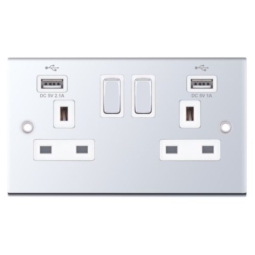 Selectric 2 Gang 13 Amp Socket 2 x USB Ports SP Switched Polished Chrome White Insert