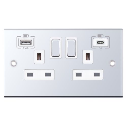 Selectric 2 Gang 13 Amp Socket 2 x USB Ports C Type & A type Switched Polished Chrome White Insert