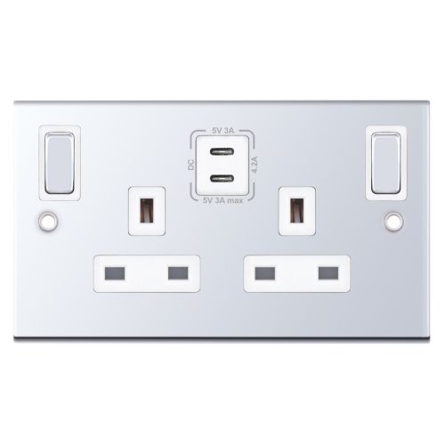 Selectric 13 Amp Socket Outlet 2 Gang Switched SP Outboard Rockers 2 Earth Terminals, 2 x USB Type C (3A / 3A) Polished Chrome White Insert