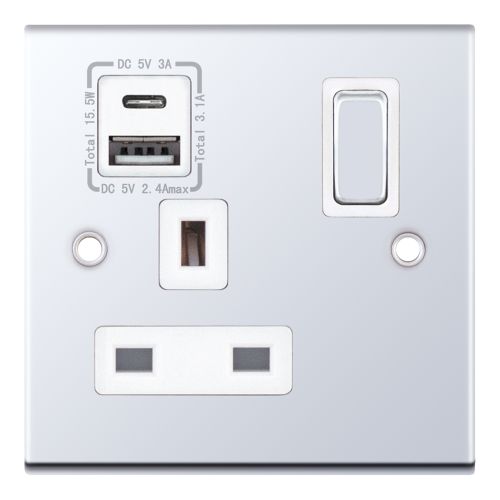 Selectric 1 Gang 13 Amp Socket with 1 x USB Type C & 1 x USB Type A Port (3.1A) Polished Chrome White 