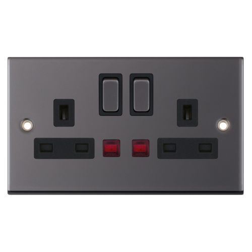 Selectric 2 Gang 13A Socket with Neons DP Switched Black Nickel Black Insert