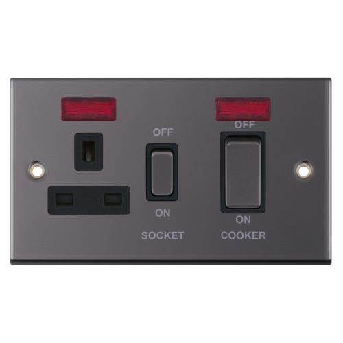 Selectric 45 Amp Cooker Unit with 13 Amp Switched Socket & Neons Black Nickel Black Insert
