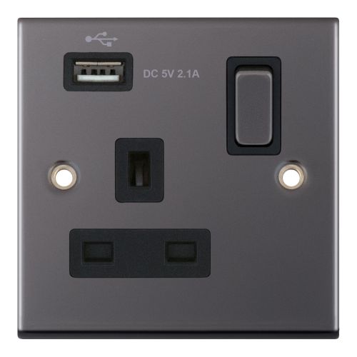 Selectric 1 Gang 13 Amp Socket with USB Port SP Switched Black Nickel Black Insert