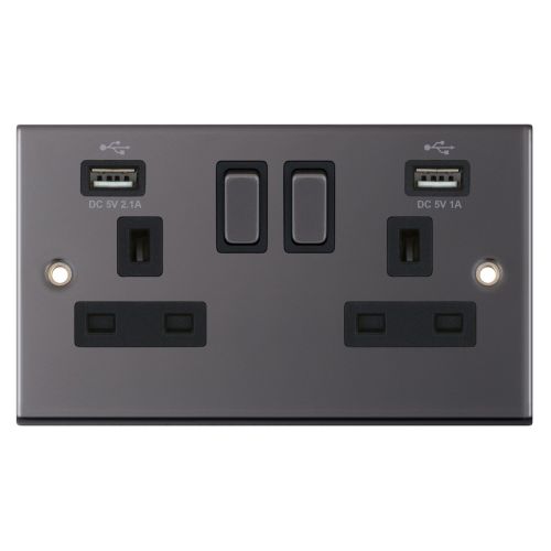Selectric 2 Gang 13 Amp Socket 2 x USB Ports SP Switched Black Nickel Black Insert